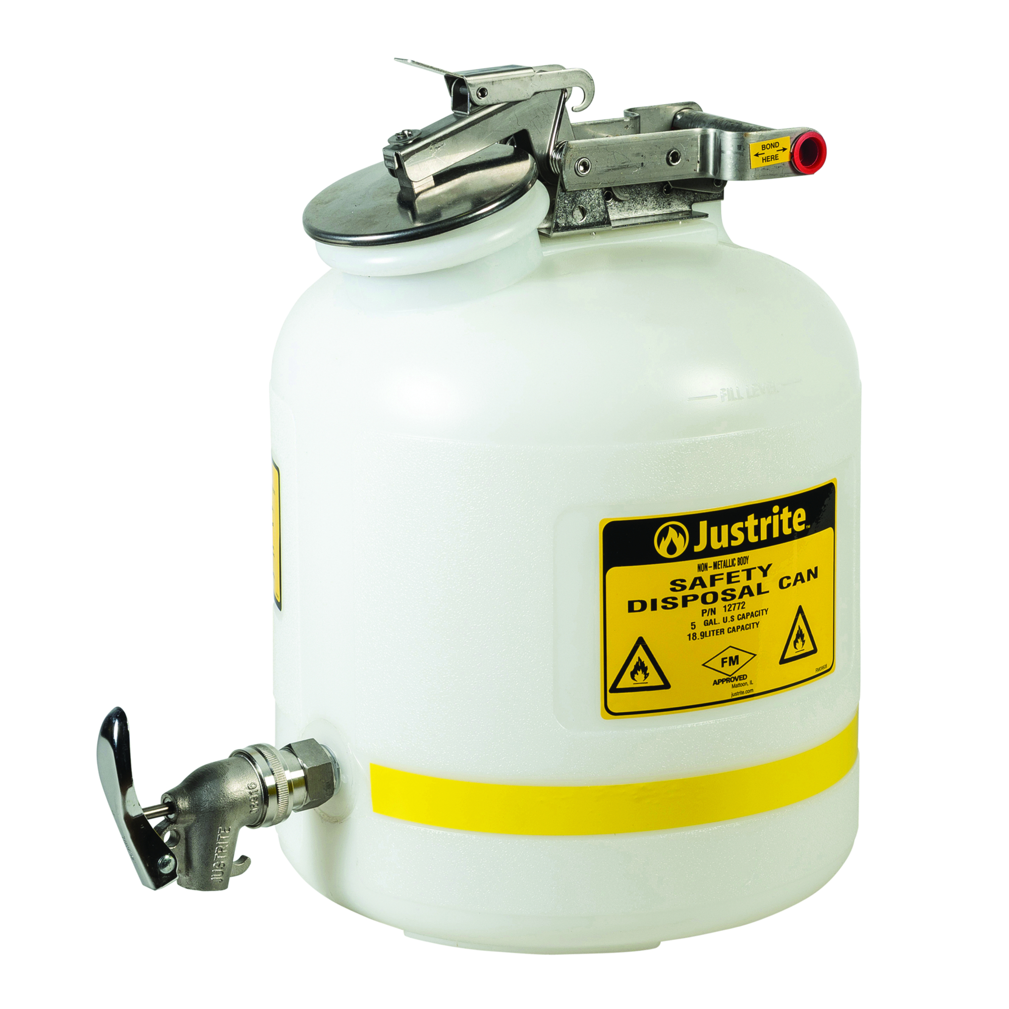 Justrite Poly Disposal Safety Can — 5 Gallons, Flame Arrester, Faucet, White, Model# 12772